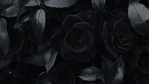 Midnight black roses unfolding quiet, velvety elegance.
