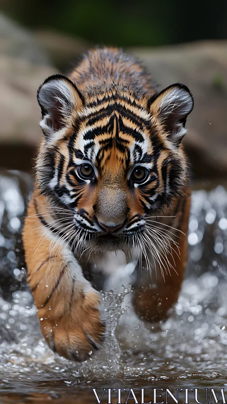 Tiger cub charges through shallow stream in sharp focus