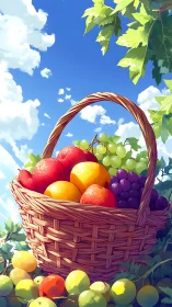 Sunlit wicker basket of mixed summer fruit under vivid sky