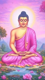 Buddha figure in lotus pose over pond with haloed backdrop.