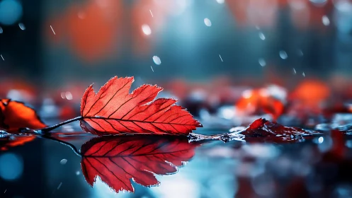 Crimson autumn leaf reflected on wet surface in soft bokeh rain.