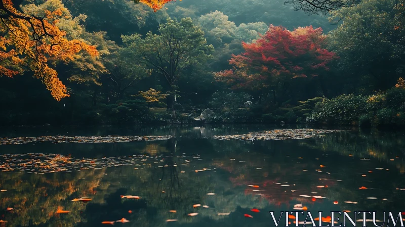 Autumnal forest pond with mirrored foliage and diffused atmospheric haze