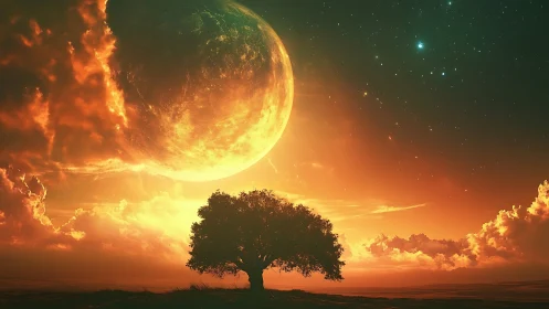 Golden sky dreamscape with glowing planet and quiet tree.