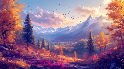 Autumn mountain valley with river, forest and distant peaks.