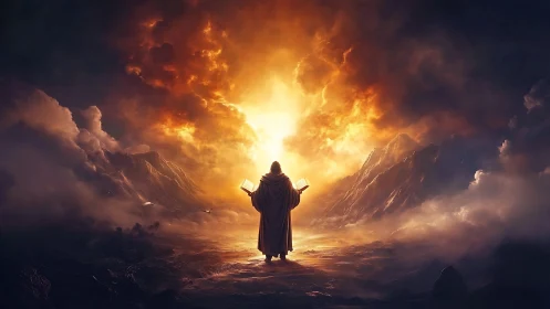 Mystic figure walking into a storm of light and wonder.