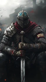 Battleworn knight resting quietly between rising storms.