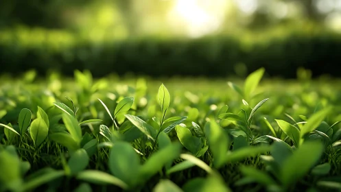 Young green leaves in soft sunlight on dense ground cover.