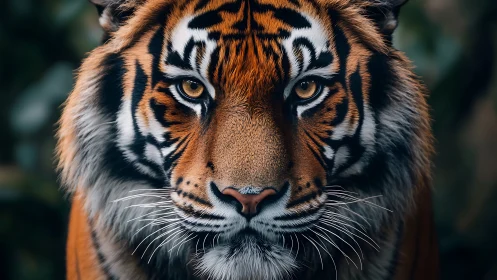 Tiger stares forward with intense amber eyes in soft jungle dusk