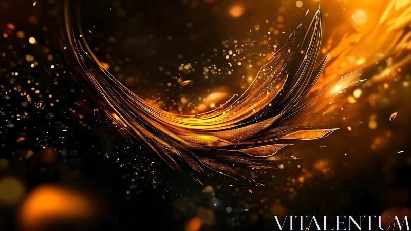 Abstract golden feather in dynamic motion, glowing digital art.