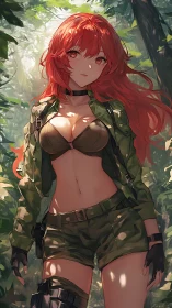 Red-haired anime soldier stands in dense forest environment