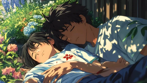 Two anime characters sleep in sunlight beside blooming flowers