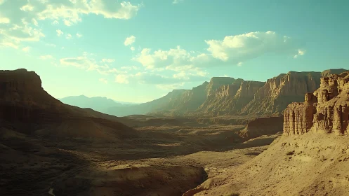 Eroded desert canyon under high sun with stratified sandstone walls
