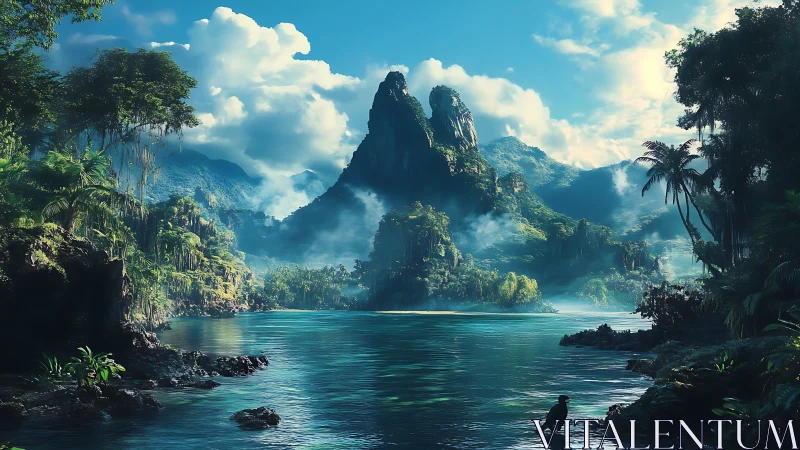 Tropical lagoon with twin volcanic peaks and dense forest vegetation.