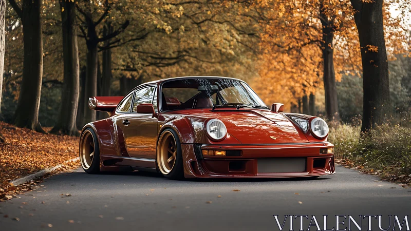 Red sports coupe on forest road in autumn foliage setting.