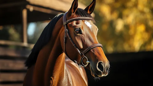 Bay sport horse portrait in sunlight with bridle detail.