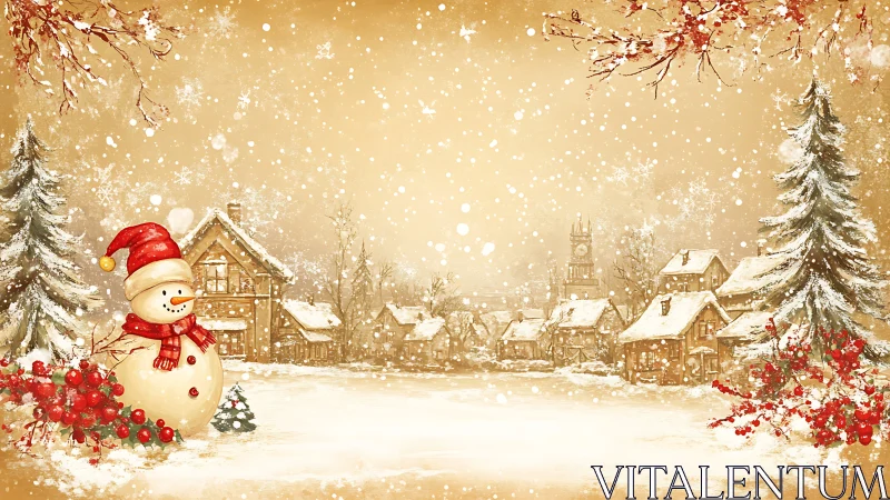 Smiling snowman overlooks rustic village under gentle snowfall