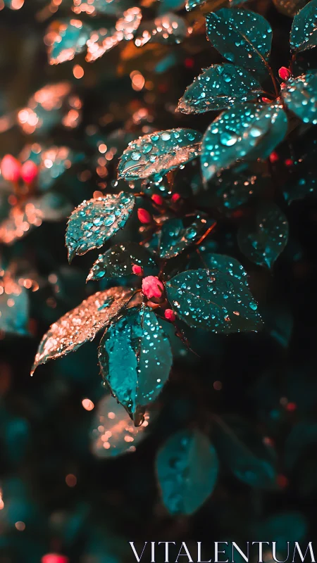 Macro shot isolates rain-soaked leaves with teal and orange bokeh