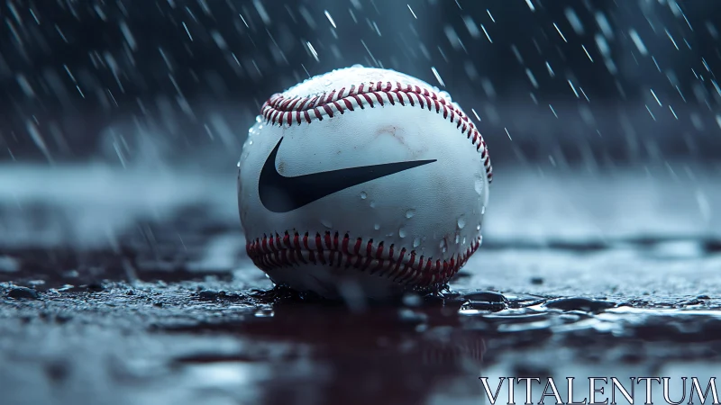 Nike branded baseball on wet field under heavy rain.