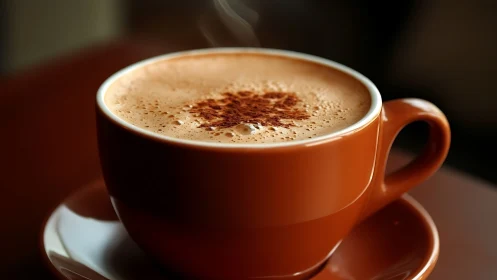 Steaming cappuccino in rust ceramic cup under soft light.