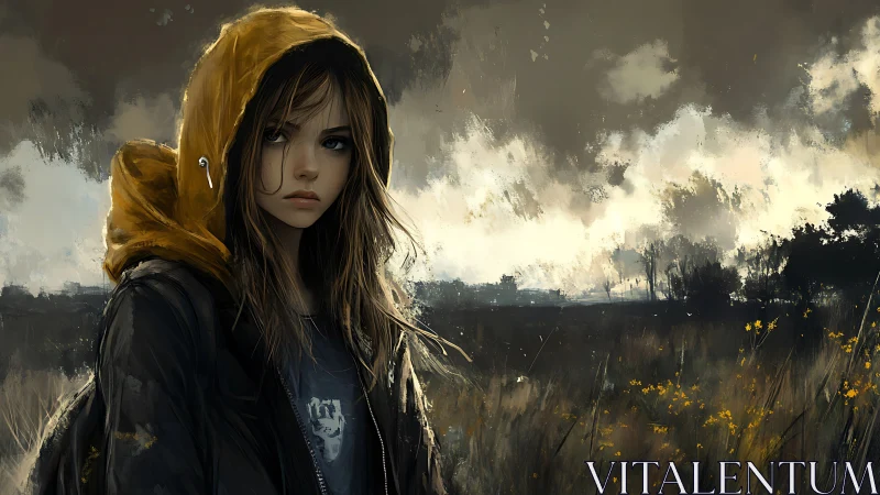 Melancholic girl in yellow hood walks through stormy fields