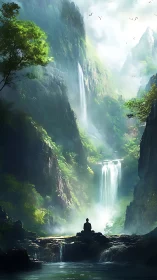 Solitary monk contemplates towering waterfalls in misty gorge