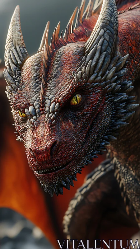 Detailed close-up of a red horned dragon head in profile.