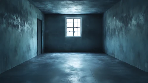 Empty concrete room with cold blue atmospheric light.