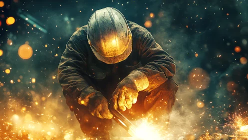 Forged sparks orbit a lone welder in a molten dusk storm