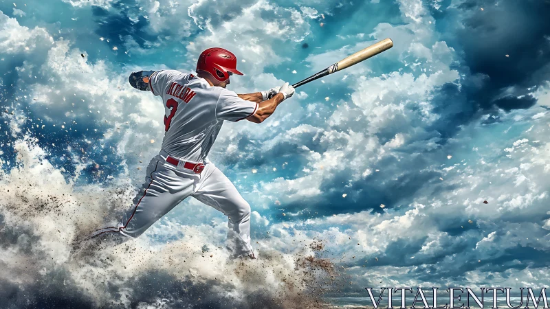 Baseball slugger drives explosive hit through storm clouds.