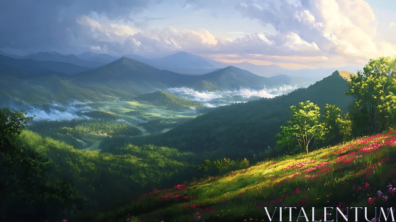 Sunlit hillside meadow overlooks layered misty mountain valley