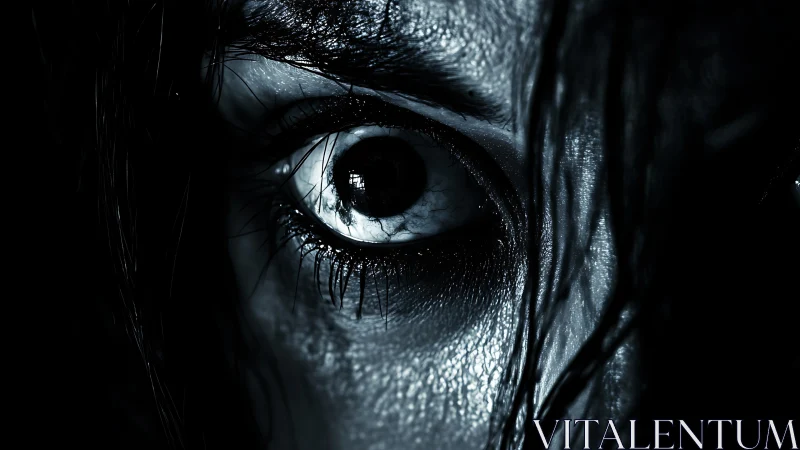 Terrified human eye fills frame under harsh side lighting