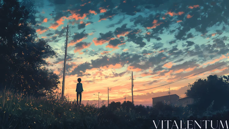 Solitary figure under vivid sunset sky by power lines.