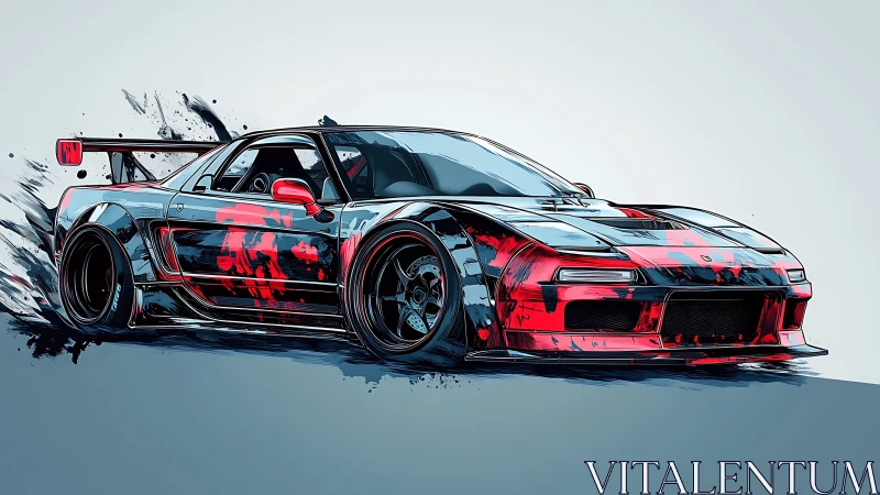 Modified racing sports car with dynamic paint splashes.