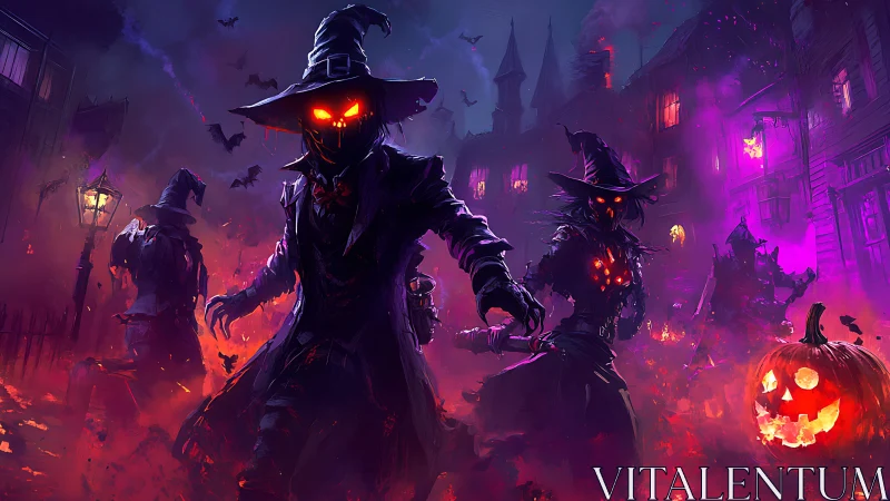 Pumpkin headed scarecrow figures advance through burning street