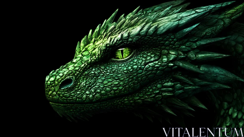 Lateral close-up of intricately scaled emerald dragon head profile.