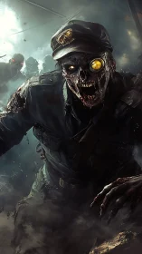 Grim undead captain strides through swirling battlefield mist.