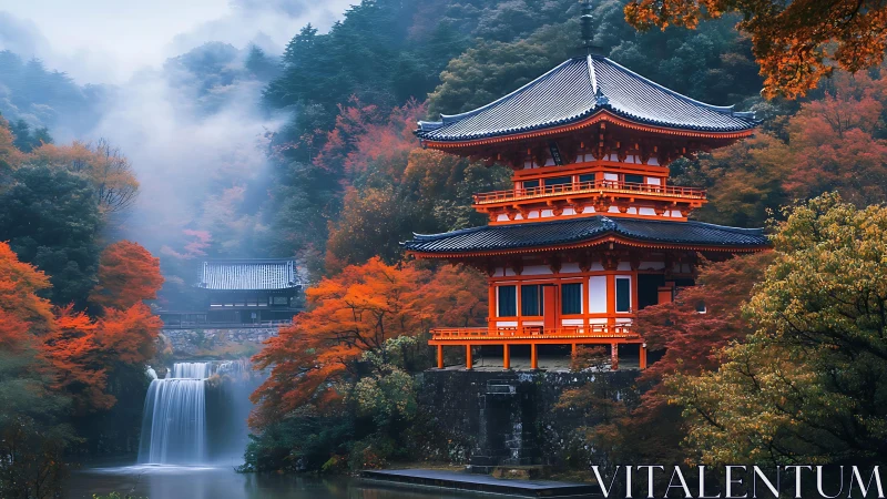 Japanese pagoda overlooks waterfall amid dense autumn forest