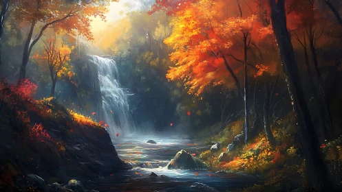 Autumn Waterfall Through Forest Canopy.