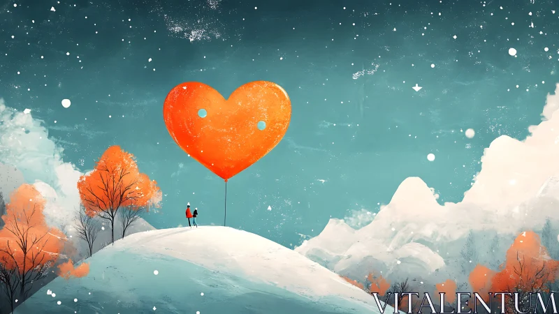 Giant Red Heart Balloon Over Snowy Mountain Landscape