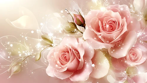Digital floral composition featuring luminescent pink roses with particle light effects