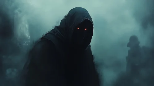 Hooded wraith with glowing red eyes stalks through dense fog