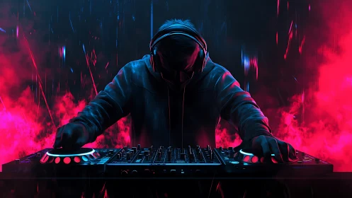Hooded DJ commands neon-lit decks in electric smoke storm.