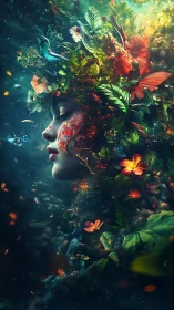 Bioluminescent forest muse portrait with floral and avian crown