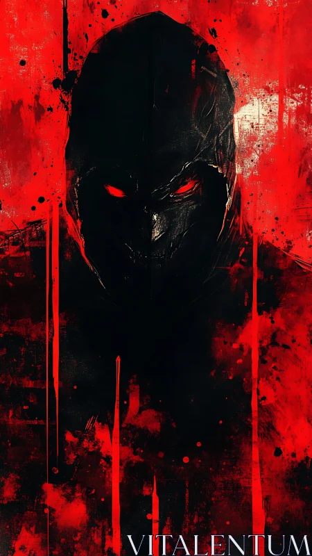 Masked silhouette emerges from red-splattered darkness.