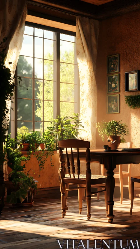 Sunlit dining nook with wooden table and potted plants.