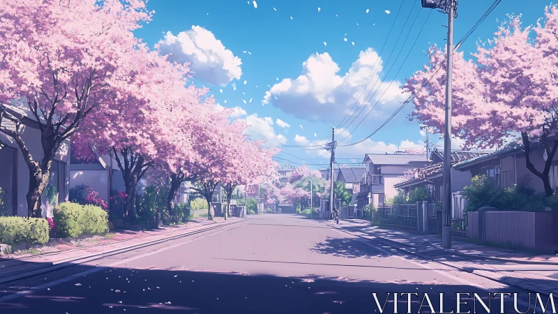 Cherry-lined suburban street rendered in soft pastel light.