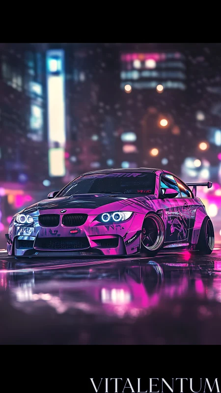 Modified coupe in neon-lit urban street scene at night.