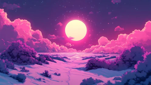 Neon moonrise bathes a dreamy snowfield in pink glow.