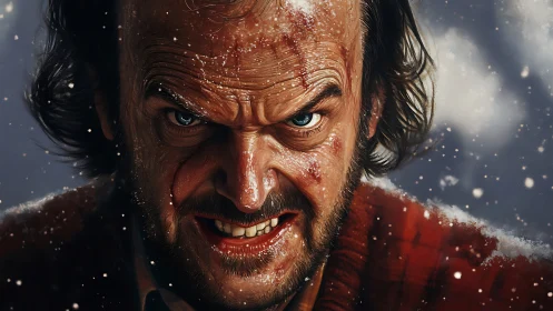 Hyper-real enraged male portrait under snowfall in close-up