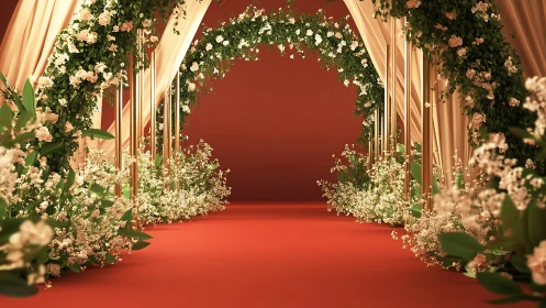 Floral archway frames symmetrical ceremonial aisle in 3D render